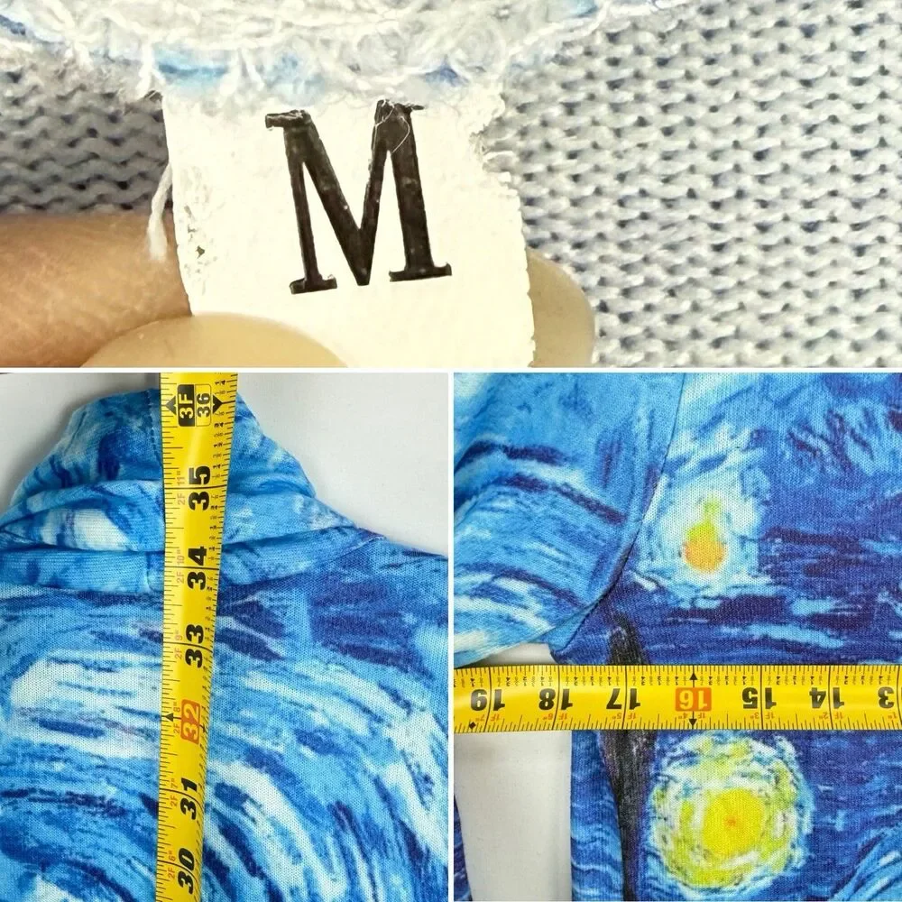 Starry Night Print Open Front Cardigan Women Size M Blue Art Knit